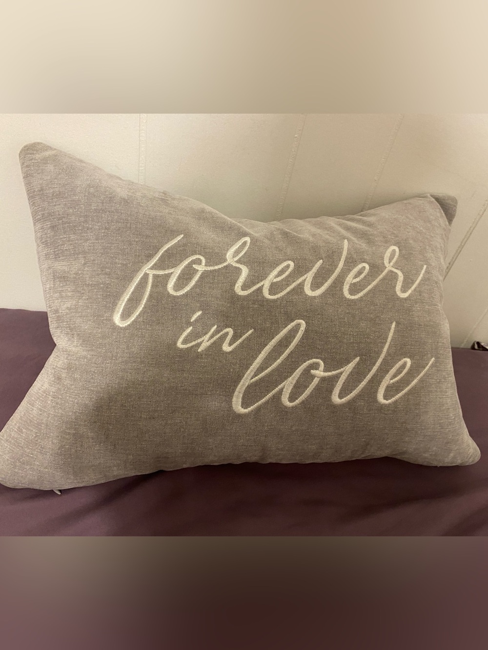 Embroidered "Forever in Love" Gray Accent Pillow
